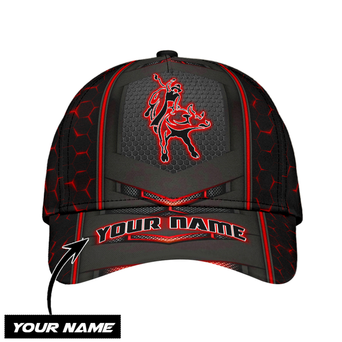 Personalized Name Bull Riding Classic Cap Red Neon 1
