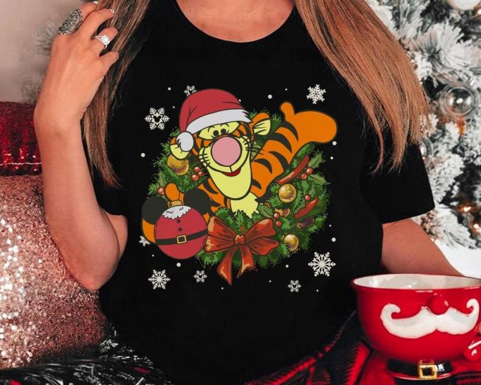 Tigger In Christmas Wreath T-Shirt Tis The Season Double Sided T Shirt 5
