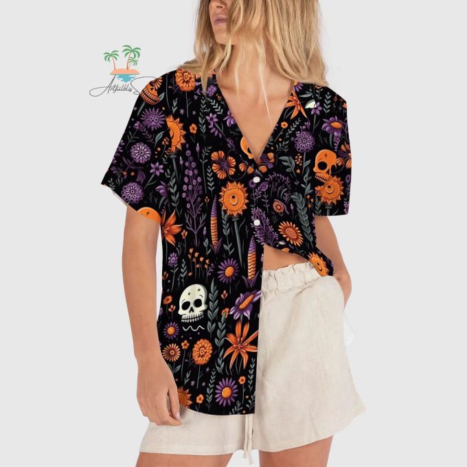 Boho Floral Skull Halloween Hawaiian Shirt 3