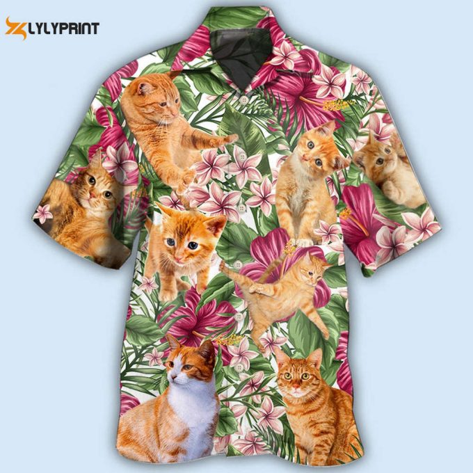 Cat Print Hawaiian Shirt, Cat Lover Gift, Orange Tabby 1