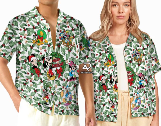 Christmas Leaves Disney Hawaiian Shirt, Mickey Minnie Mouse Hawaii Shirt, Merry Christmas Button Up Shirt, Disneyland Xmas Holiday Shirt 2