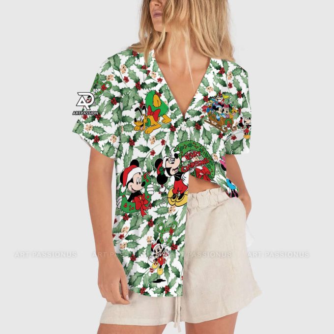 Christmas Leaves Disney Hawaiian Shirt, Mickey Minnie Mouse Hawaii Shirt, Merry Christmas Button Up Shirt, Disneyland Xmas Holiday Shirt 3