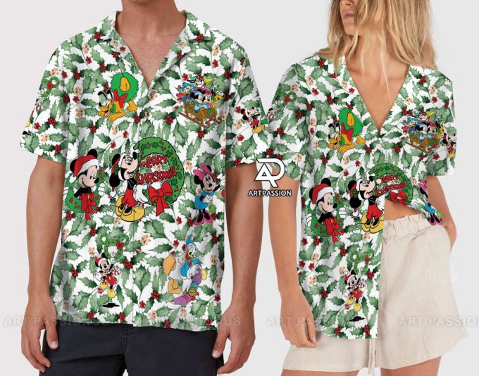 Christmas Leaves Disney Hawaiian Shirt, Mickey Minnie Mouse Hawaii Shirt, Merry Christmas Button Up Shirt, Disneyland Xmas Holiday Shirt 5