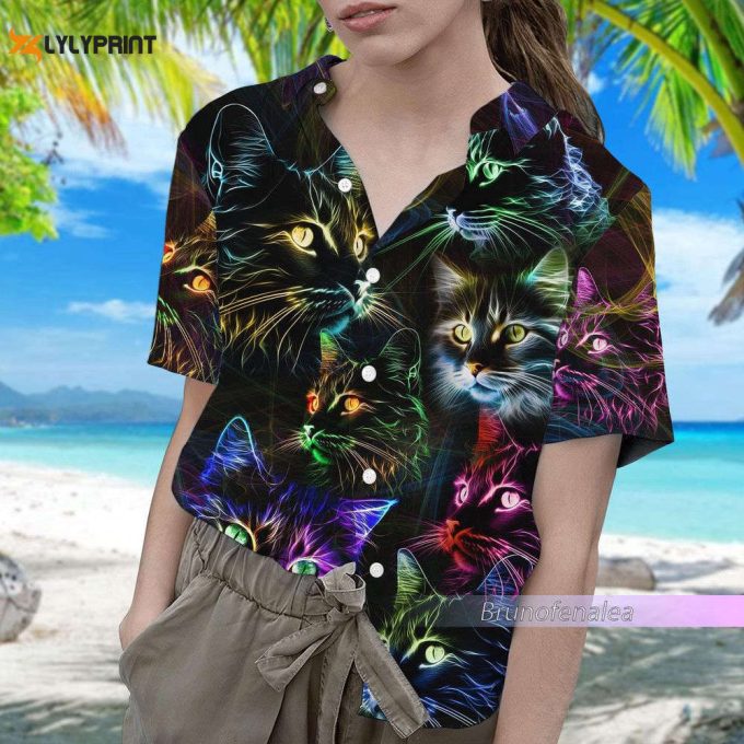 Colorful Cat Button Shirt, Cat Hawaiian Shirt 2