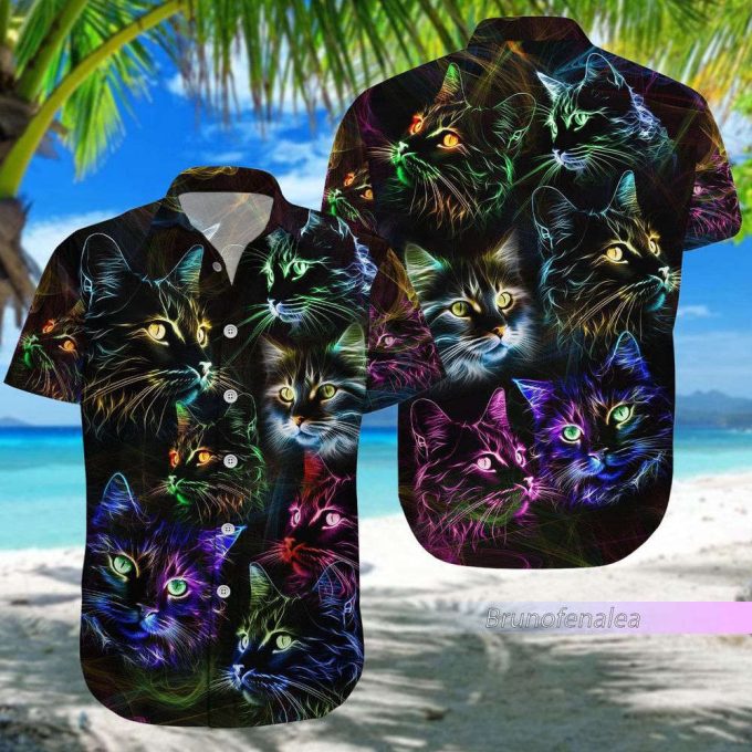 Colorful Cat Button Shirt, Cat Hawaiian Shirt 4