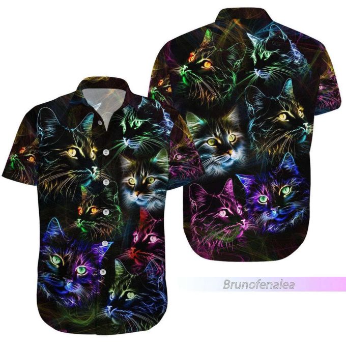 Colorful Cat Button Shirt, Cat Hawaiian Shirt 5