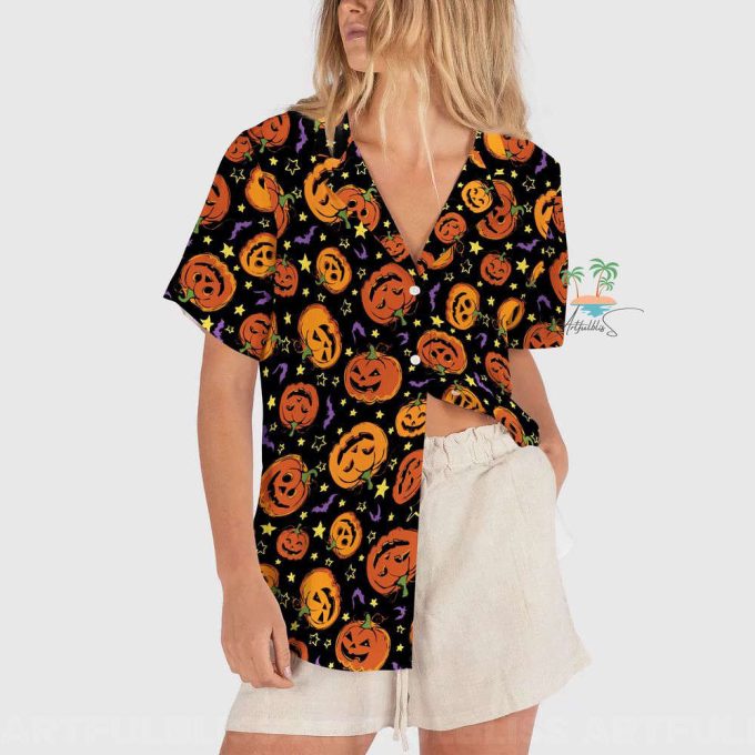 Creepy Cute Pumpkin Halloween Hawaiian Shirt, Trick Or Treat Shirt, Button Up Shirt, Spooky Season Hawaii Shirt 3