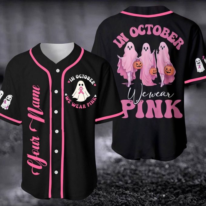 Custom In October We Wear Pink Baseball Jersey, Pink Ribbon Jersey 3