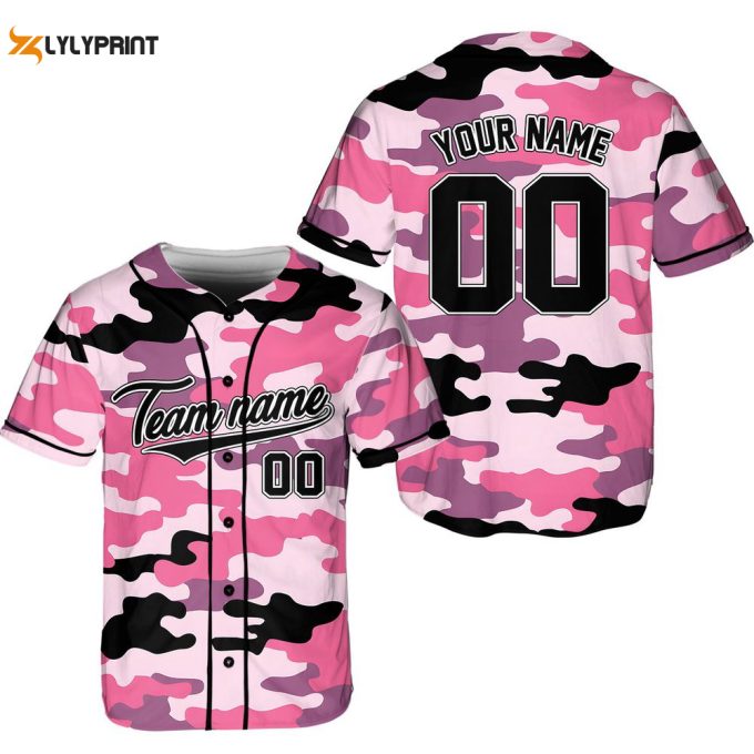 Custom Team Name And Number Baseball Jersey, Personalized Pink Camouflage Baseball Jersey 2