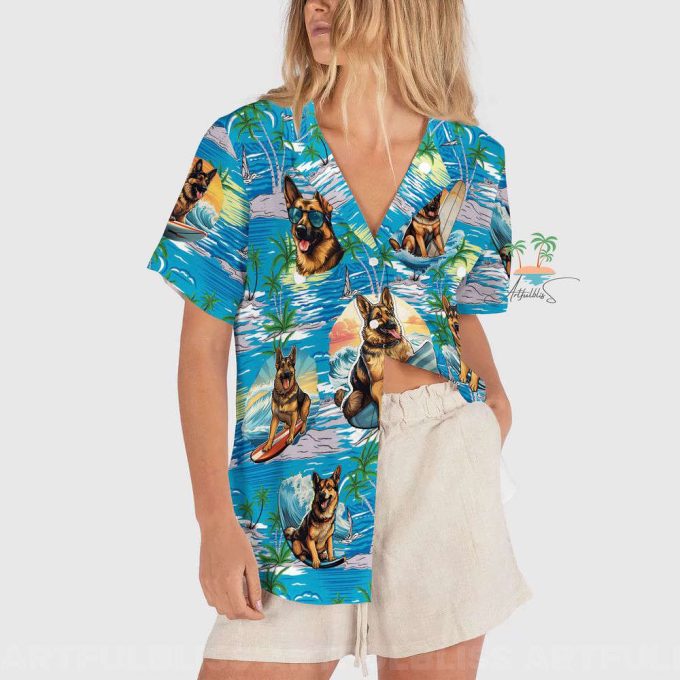 Dog Beach Vacation Teal Hawaiian Shirt, Wave Surfing Dog Shirts 3