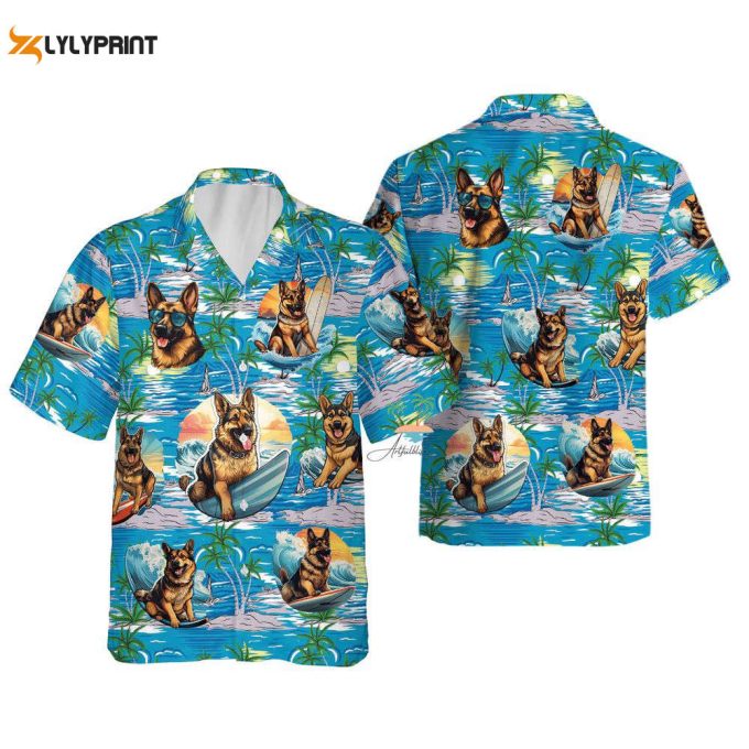 Dog Beach Vacation Teal Hawaiian Shirt, Wave Surfing Dog Shirts 1