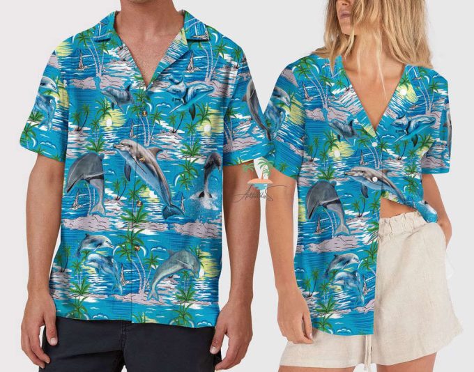 Dolphin Teal Hawaiian Shirt, Tropical Hawaii Shirt 5