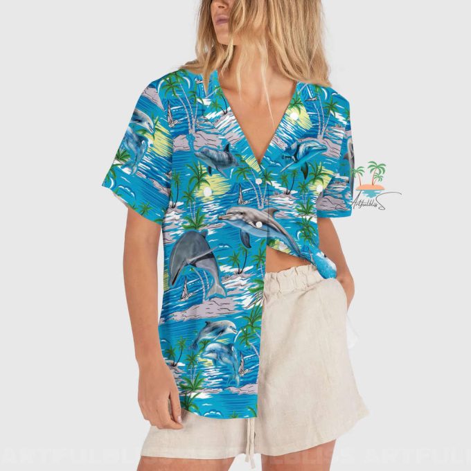 Dolphin Teal Hawaiian Shirt, Tropical Hawaii Shirt 3