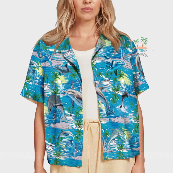 Dolphin Teal Hawaiian Shirt, Tropical Hawaii Shirt 7