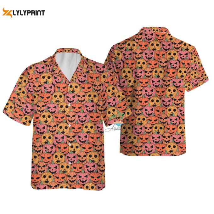 Fall Pumpkin Halloween Hawaiian Shirt, Trick Or Treat Shirt, Spooky Button Up Shirt, Creepy Cute Hawaii Shirt 1