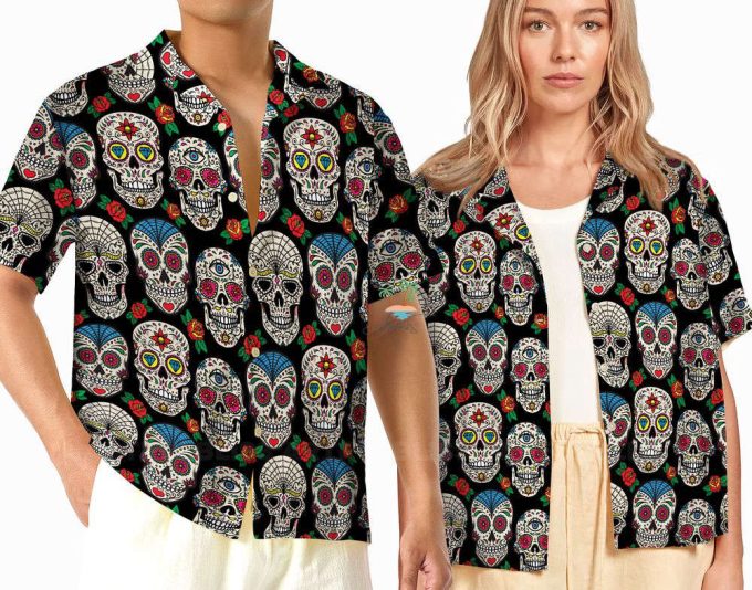 Floral Dotd Skull Hawaiian Shirt, Trick Or Treat Shirt 2