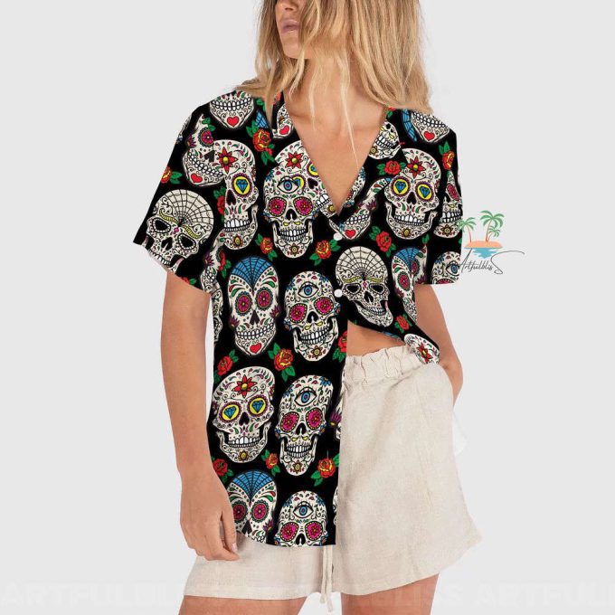 Floral Dotd Skull Hawaiian Shirt, Trick Or Treat Shirt 3