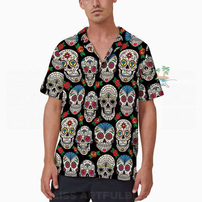 Floral Dotd Skull Hawaiian Shirt, Trick Or Treat Shirt 4