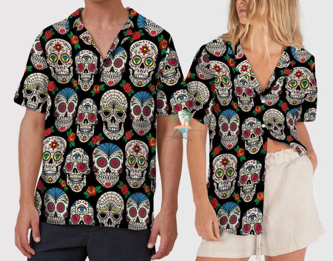 Floral Dotd Skull Hawaiian Shirt, Trick Or Treat Shirt 5