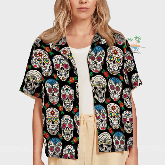 Floral Dotd Skull Hawaiian Shirt, Trick Or Treat Shirt 7