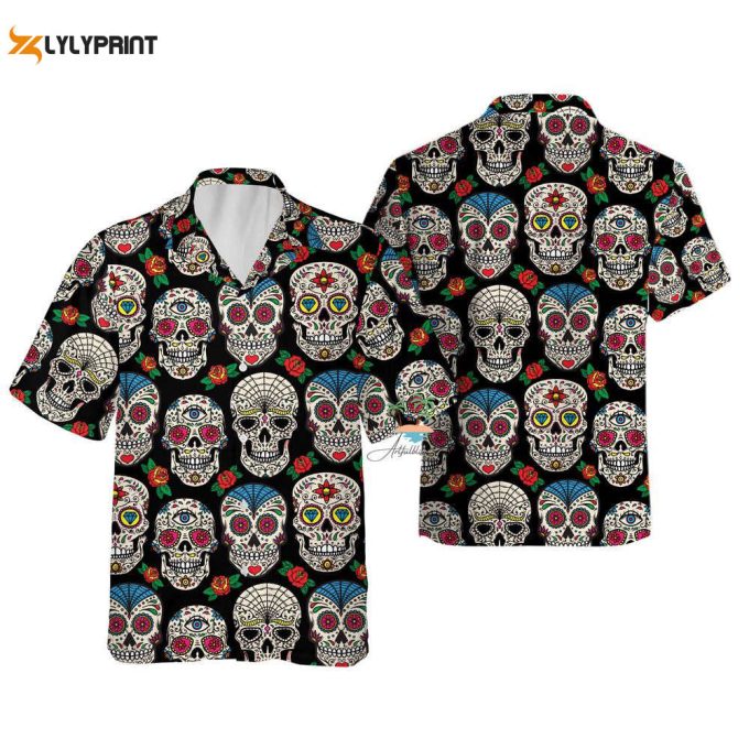 Floral Dotd Skull Hawaiian Shirt, Trick Or Treat Shirt 1