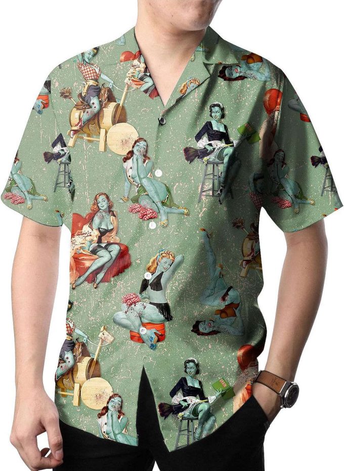 Funny Beauty And Brains Zombie Hawaiian Shirt, Horror Aloha Shirt 4