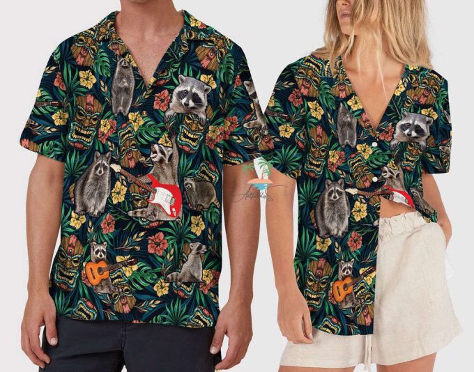 Funny Raccoon Hawaiian Shirt, Tropical Tribal Tiki Mask Hawaii 5