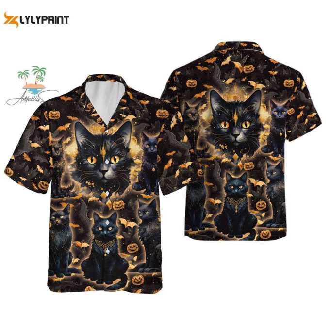 Halloween Pumpkin Black Cat Hawaiian Shirts 1