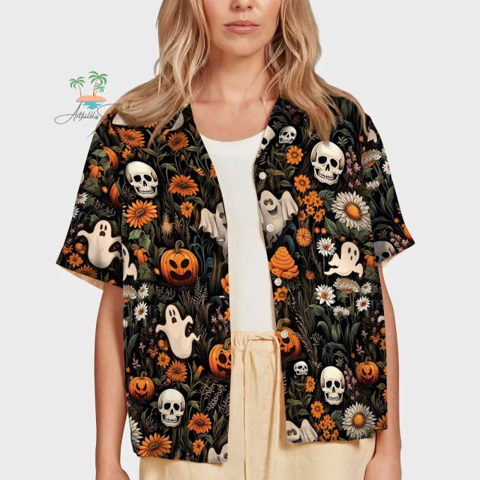 Halloween Spooky Vibes Hawaii Shirt, Pumpkin Halloween Hawaiian Shirts, Horror Movie Button Up Shirt 5