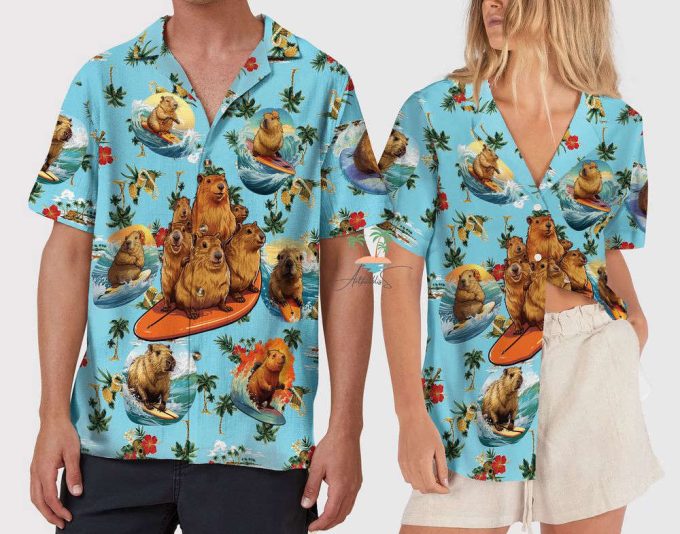 Hibiscus Capybara Hawaiian Shirt, Blue Funny Capybara Hawaii 5