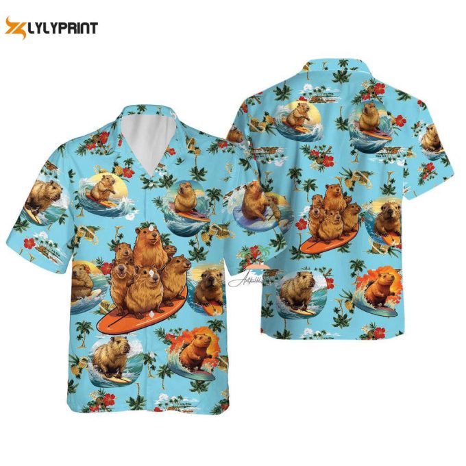 Hibiscus Capybara Hawaiian Shirt, Blue Funny Capybara Hawaii 1