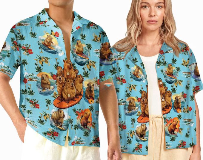 Hibiscus Capybara Hawaiian Shirt, Blue Funny Capybara Hawaii 2