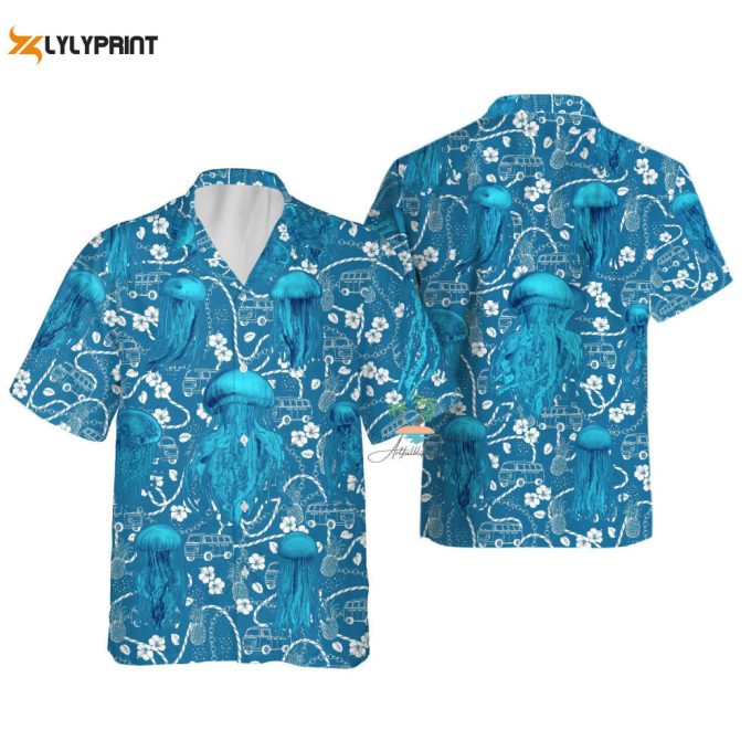 Jellyfish Teal Hawaiian Shirt, Car Bus Beach Vibes Hawaii Shirt 1