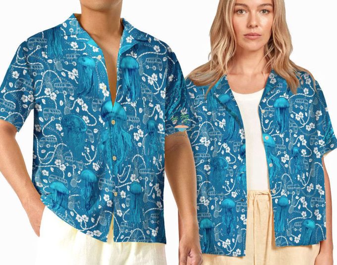 Jellyfish Teal Hawaiian Shirt, Car Bus Beach Vibes Hawaii Shirt 2