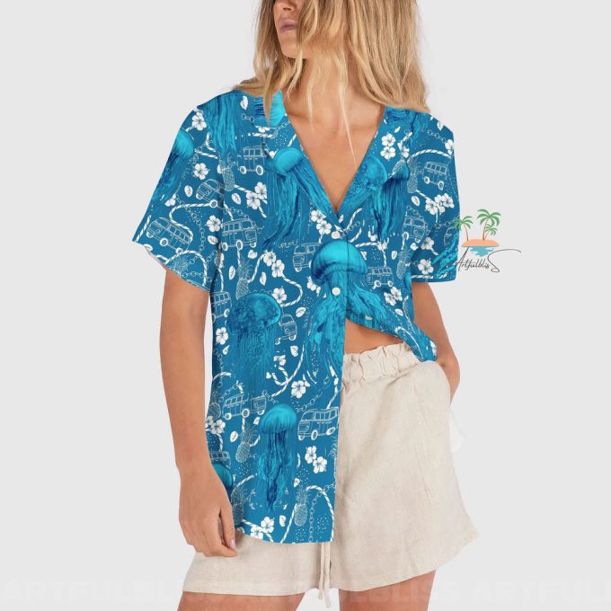 Jellyfish Teal Hawaiian Shirt, Car Bus Beach Vibes Hawaii Shirt 3