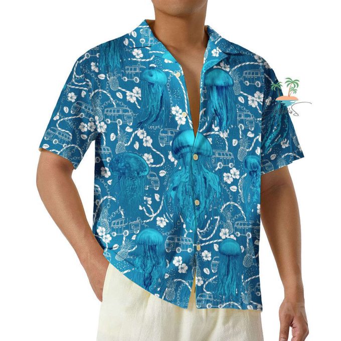 Jellyfish Teal Hawaiian Shirt, Car Bus Beach Vibes Hawaii Shirt 4