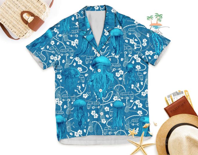 Jellyfish Teal Hawaiian Shirt, Car Bus Beach Vibes Hawaii Shirt 5