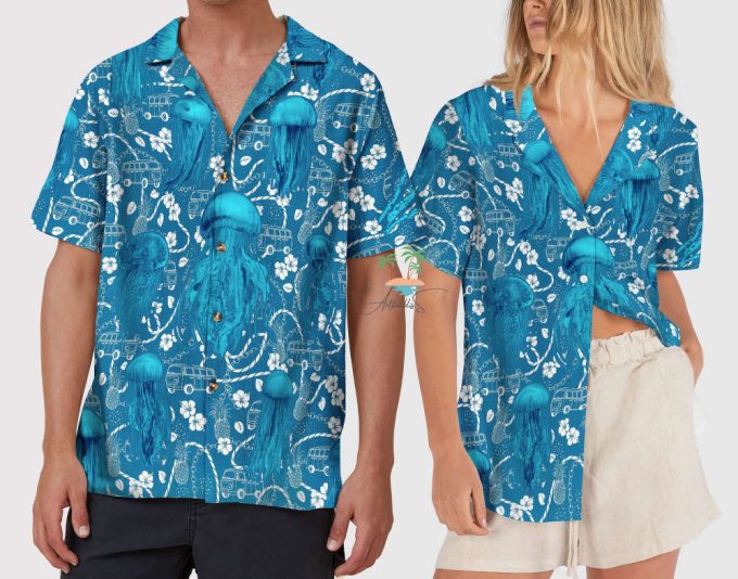 Jellyfish Teal Hawaiian Shirt, Car Bus Beach Vibes Hawaii Shirt 6