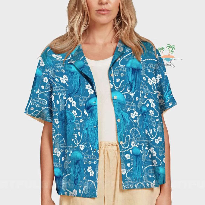 Jellyfish Teal Hawaiian Shirt, Car Bus Beach Vibes Hawaii Shirt 7