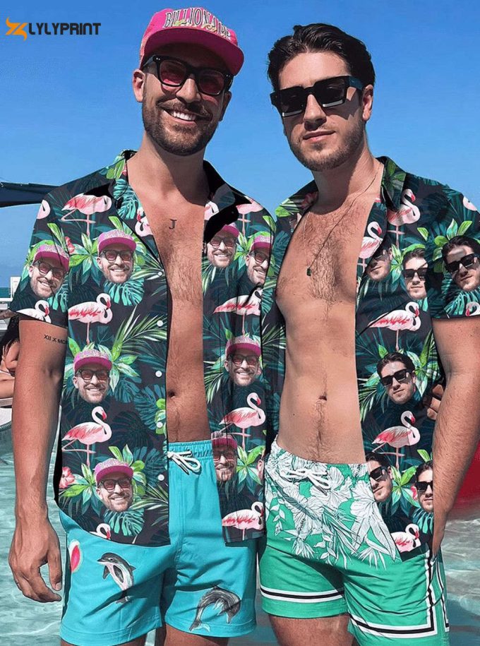 Men'S All Over Print Hawaiian Shirt With Face, Custom Photo Flamingo Shirts 2