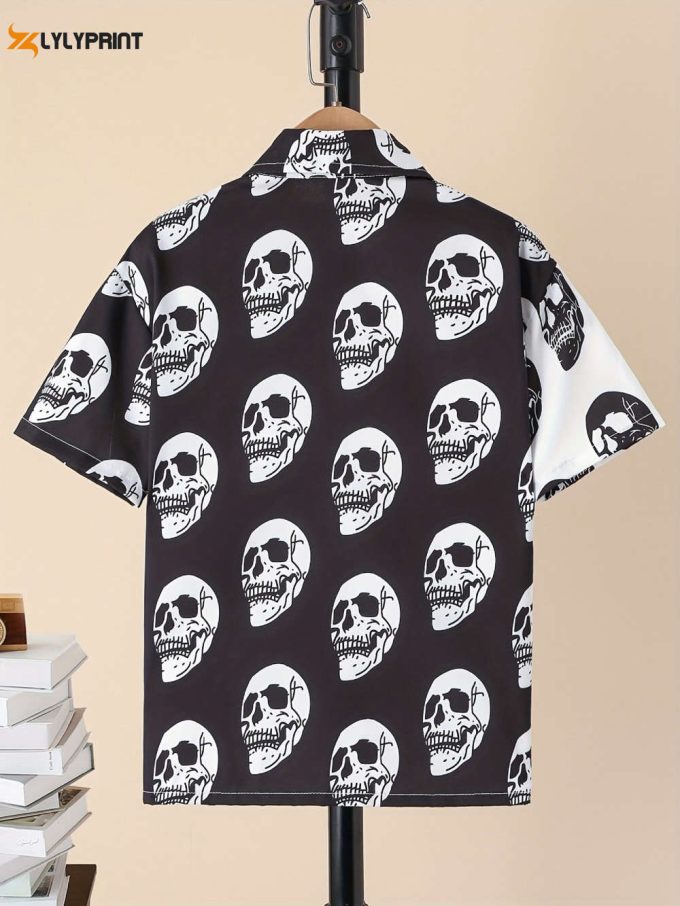 Mens Skull Print Hawaiian Shirts, Halloween Abstract Art Comfy Tops, Casual Loose Cuba Collar Tees 2
