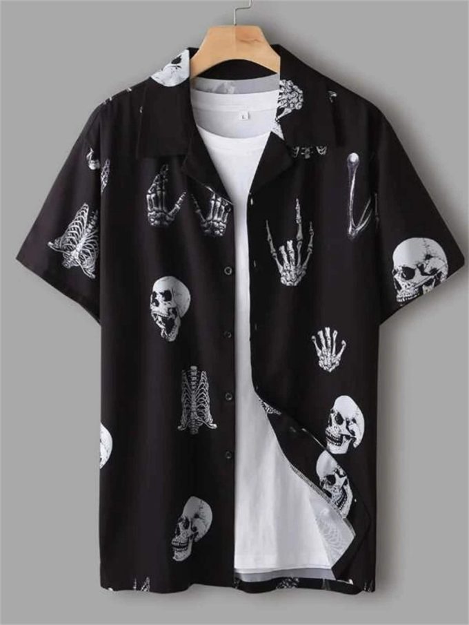 Mens Skull Print Hawaiian Shirts, Halloween Abstract Art Comfy Tops, Casual Loose Cuba Collar Tees 3