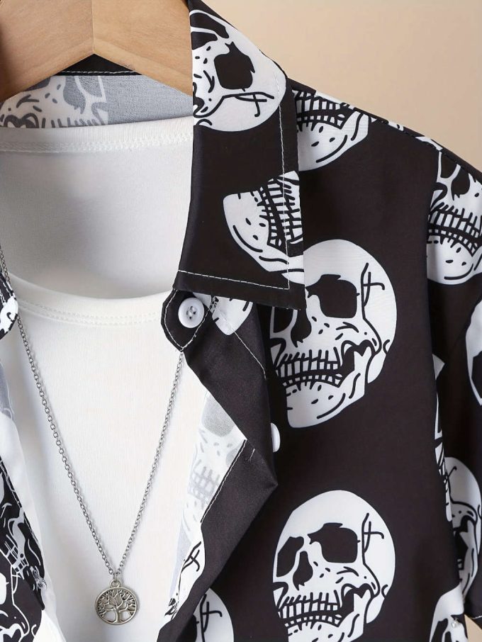 Mens Skull Print Hawaiian Shirts, Halloween Abstract Art Comfy Tops, Casual Loose Cuba Collar Tees 5