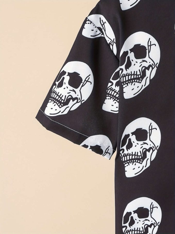 Mens Skull Print Hawaiian Shirts, Halloween Abstract Art Comfy Tops, Casual Loose Cuba Collar Tees 6