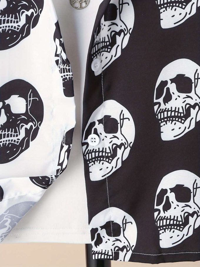 Mens Skull Print Hawaiian Shirts, Halloween Abstract Art Comfy Tops, Casual Loose Cuba Collar Tees 7