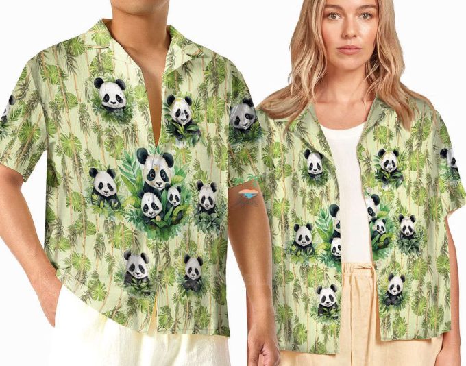 Panda Tropical Hawaiian Shirt, Panda Leaf Pattern Short Sleeve Shirt 2