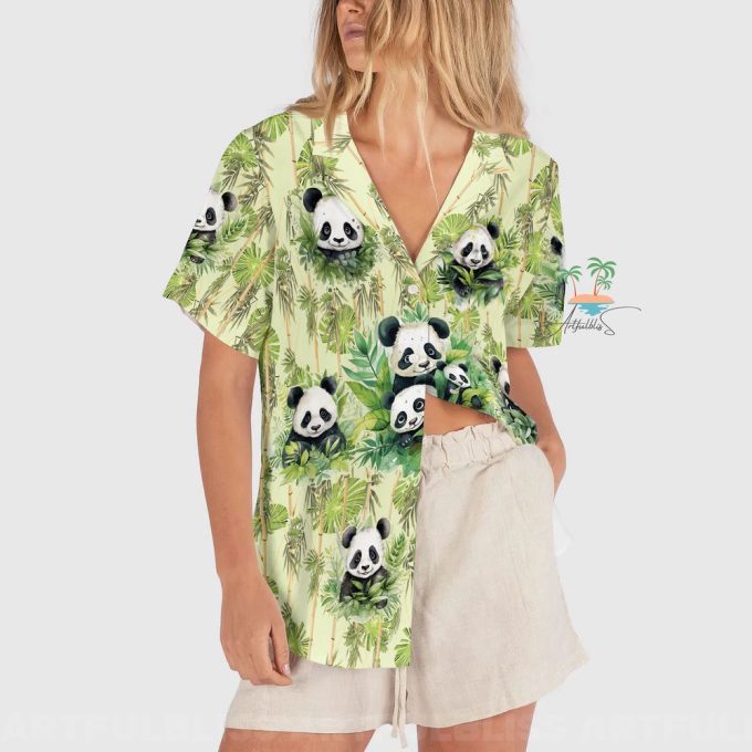 Panda Tropical Hawaiian Shirt, Panda Leaf Pattern Short Sleeve Shirt 3