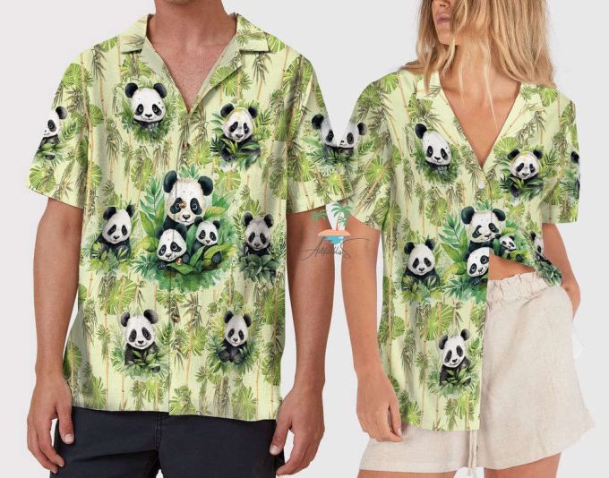 Panda Tropical Hawaiian Shirt, Panda Leaf Pattern Short Sleeve Shirt 5