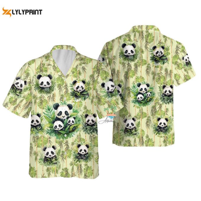 Panda Tropical Hawaiian Shirt, Panda Leaf Pattern Short Sleeve Shirt 1