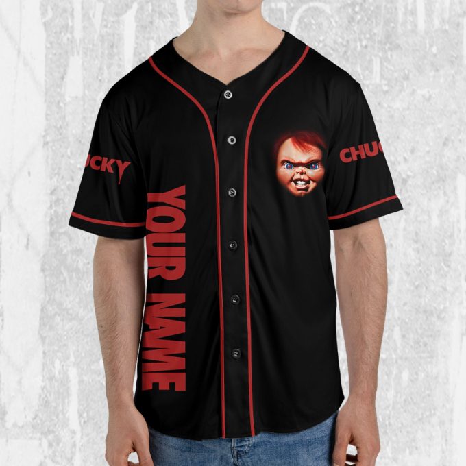 Personalize Child'S Play Chucky Scary Black And Red Jersey, Chucky Doll Shirt, Chucky Baseball Jersey 4